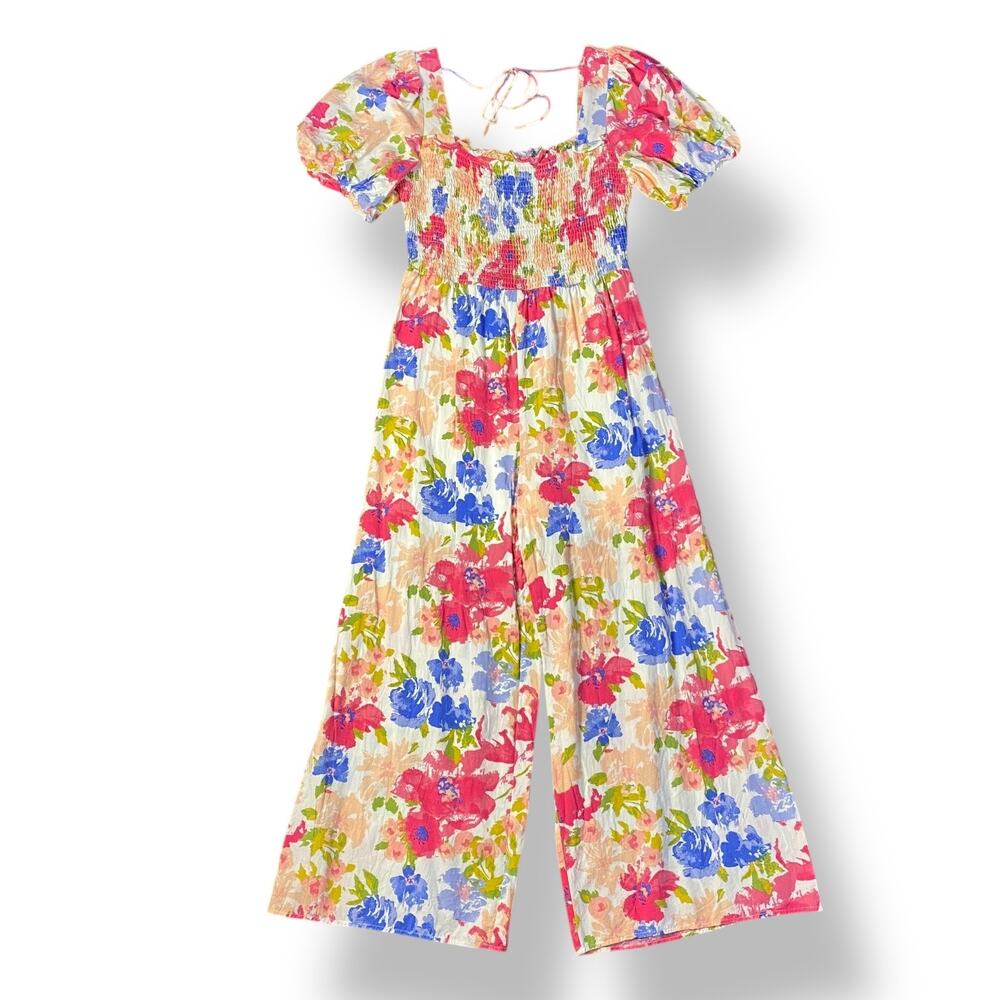 Skies are Blue Spring Summer Floral Short Sleeve Smocked Jumpsuit Size M Easter